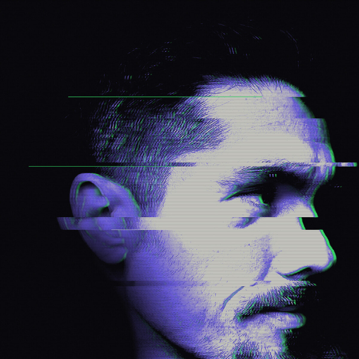 Edward Ecker in profile, rendered as an ultraviolet signal-tear portrait with scanlines and a green rim